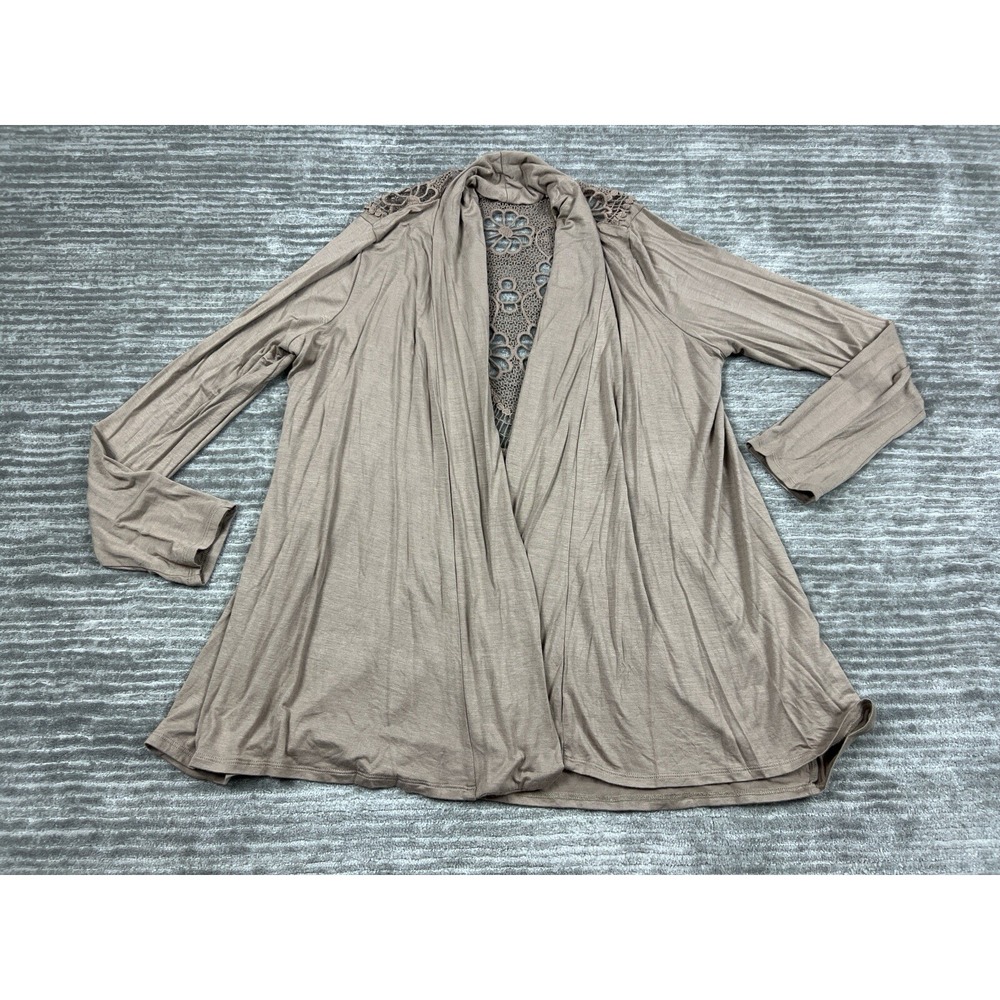 Simply Emma Top Womens 1X Beige Open Front Long Sleeve Casual Crochet